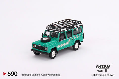 Mini GT 1/64 Land Rover Defender 110 1985 County Station Wagon Trident Green LHD